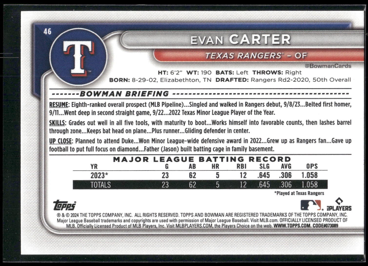 2024 Bowman #46 Evan Carter