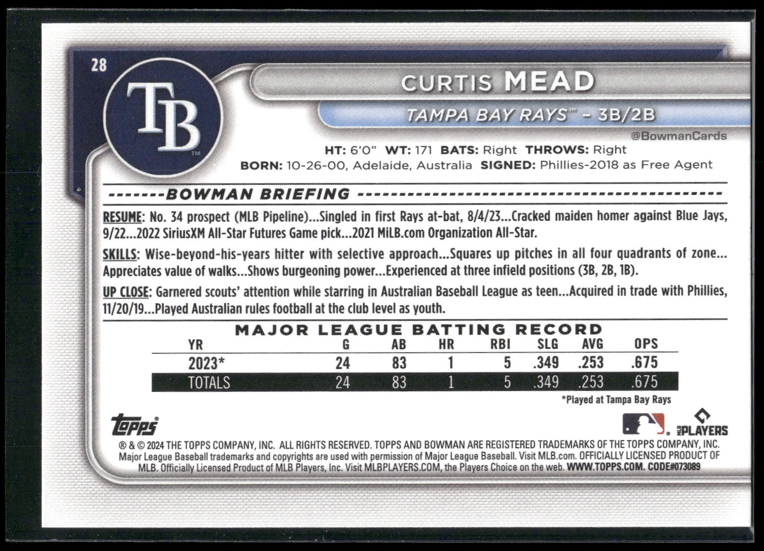 2024 Bowman #28 Curtis Mead