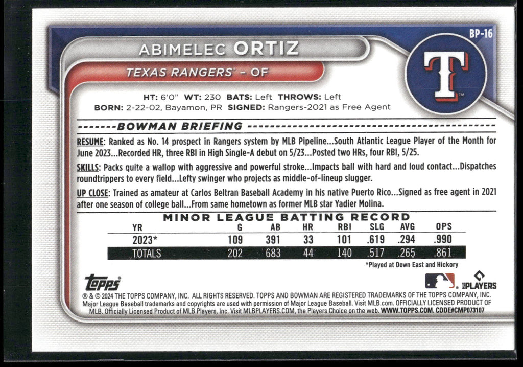 2024 Bowman #BP-16 Abimelec Ortiz Prospects