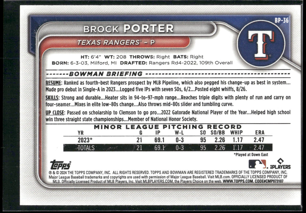 2024 Bowman #BP-36 Brock Porter Prospects