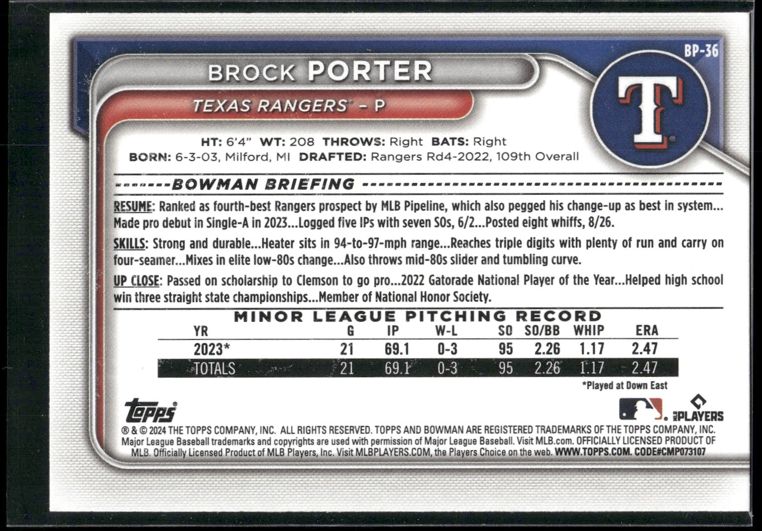2024 Bowman #BP-36 Brock Porter Prospects