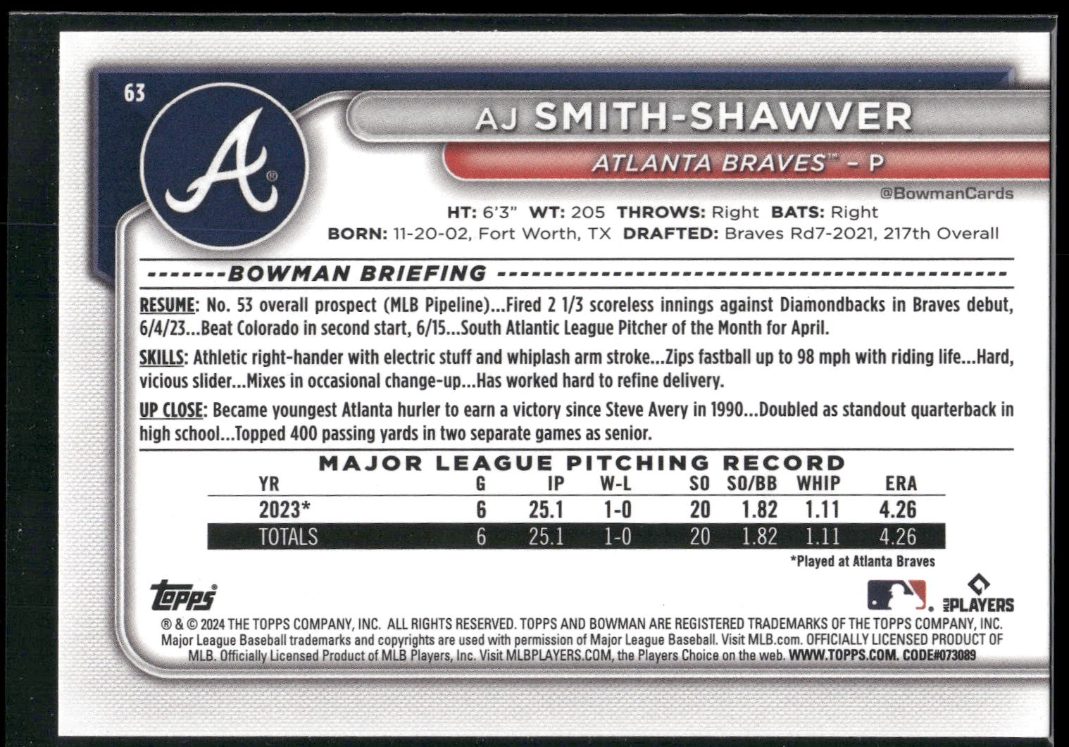 2024 Bowman #63 AJ Smith-Shawver