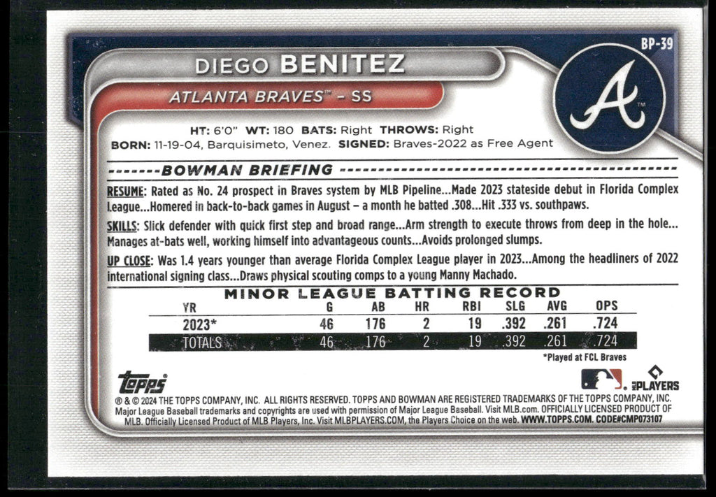 2024 Bowman #BP-39 Diego Benitez Prospects