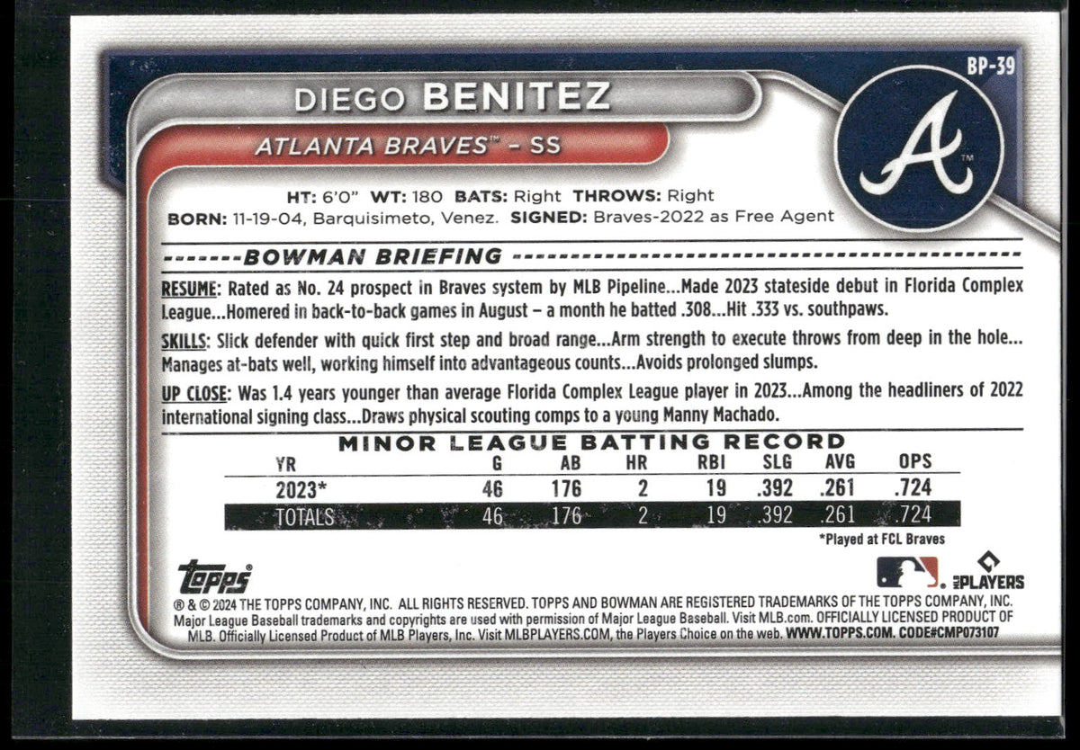 2024 Bowman #BP-39 Diego Benitez Prospects