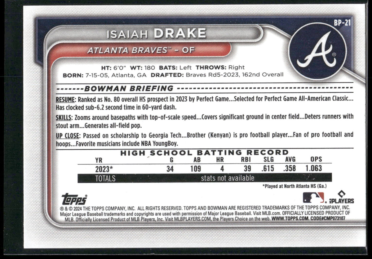 2024 Bowman #BP-21 Isaiah Drake Prospects