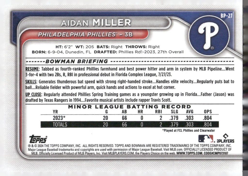 2024 Bowman #BP-27 Aidan Miller Prospects