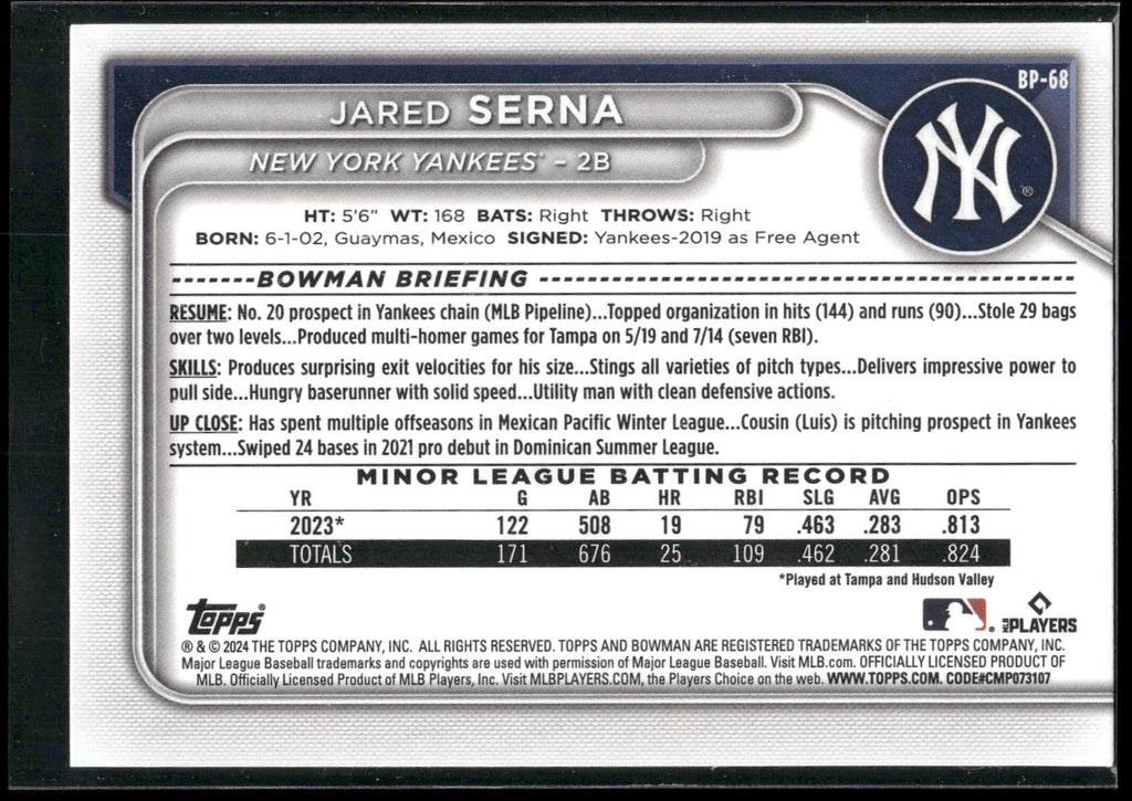 2024 Bowman #BP-68 Jared Serna Prospects