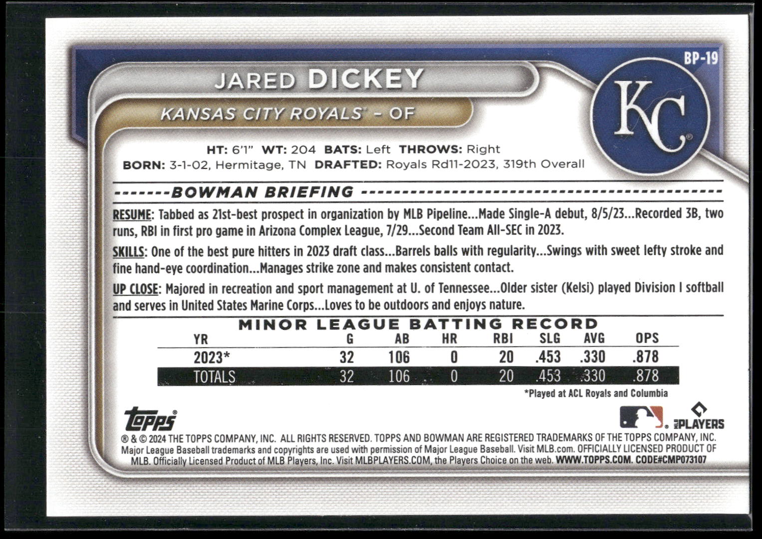2024 Bowman #BP-19 Jared Dickey Prospects