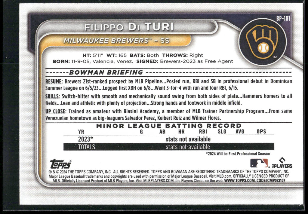 2024 Bowman #BP-101 Filippo Di Turi Prospects