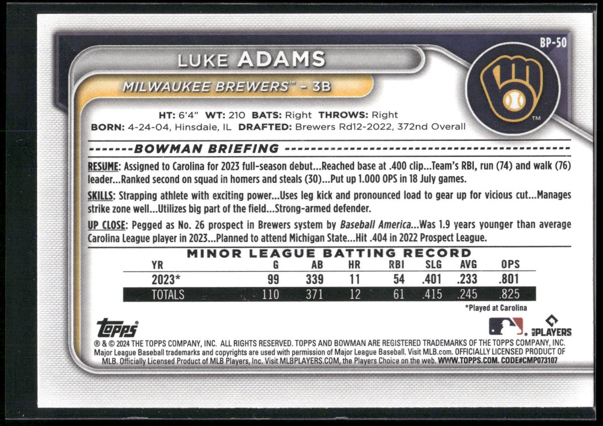 2024 Bowman #BP-50 Luke Adams Prospects