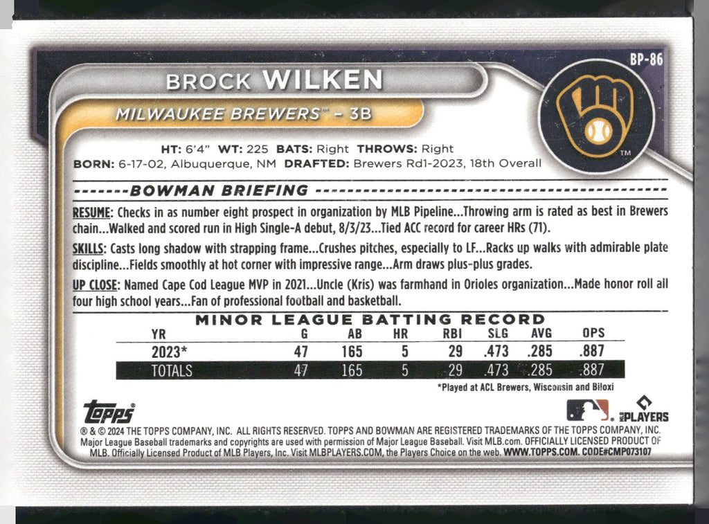 2024 Bowman #BP-86 Brock Wilken Prospects