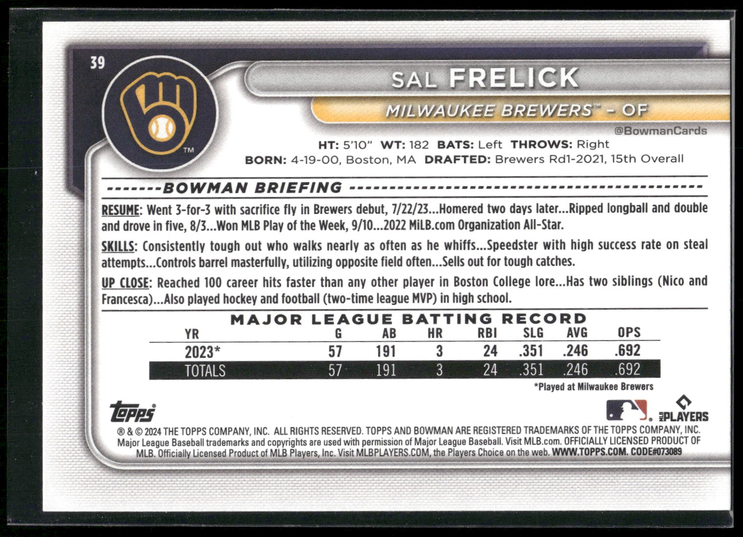 2024 Bowman #39 Sal Frelick