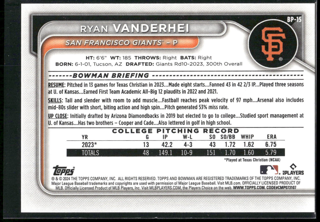 2024 Bowman #BP-15 Ryan Vanderhei Prospects