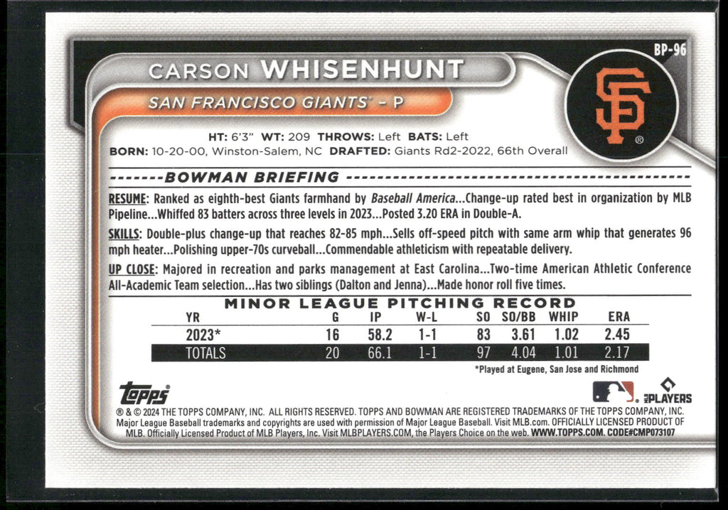 2024 Bowman #BP-96 Carson Whisenhunt Prospects