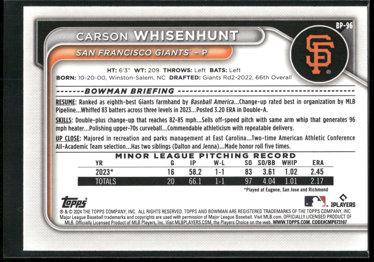 2024 Bowman #BP-96 Carson Whisenhunt Prospects
