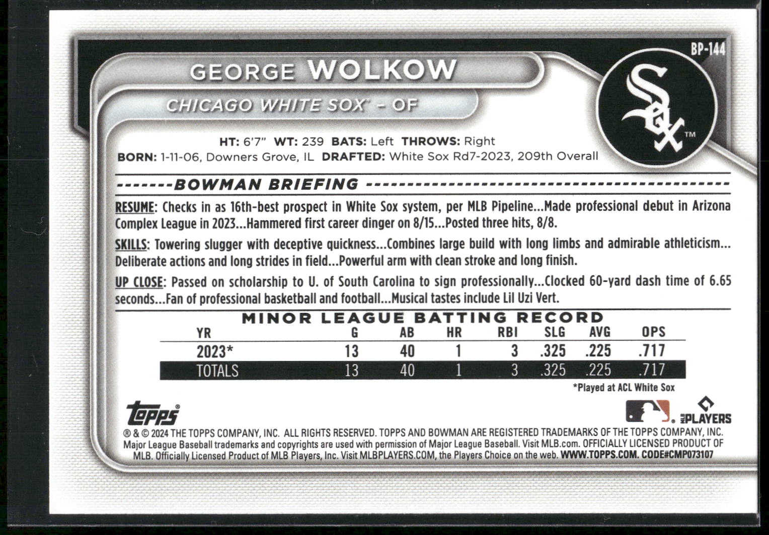 2024 Bowman #BP-144 George Wolkow Prospects