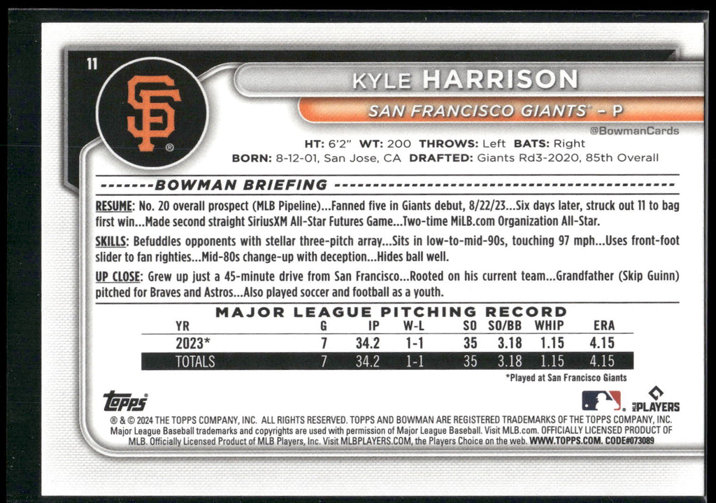 2024 Bowman #11 Kyle Harrison