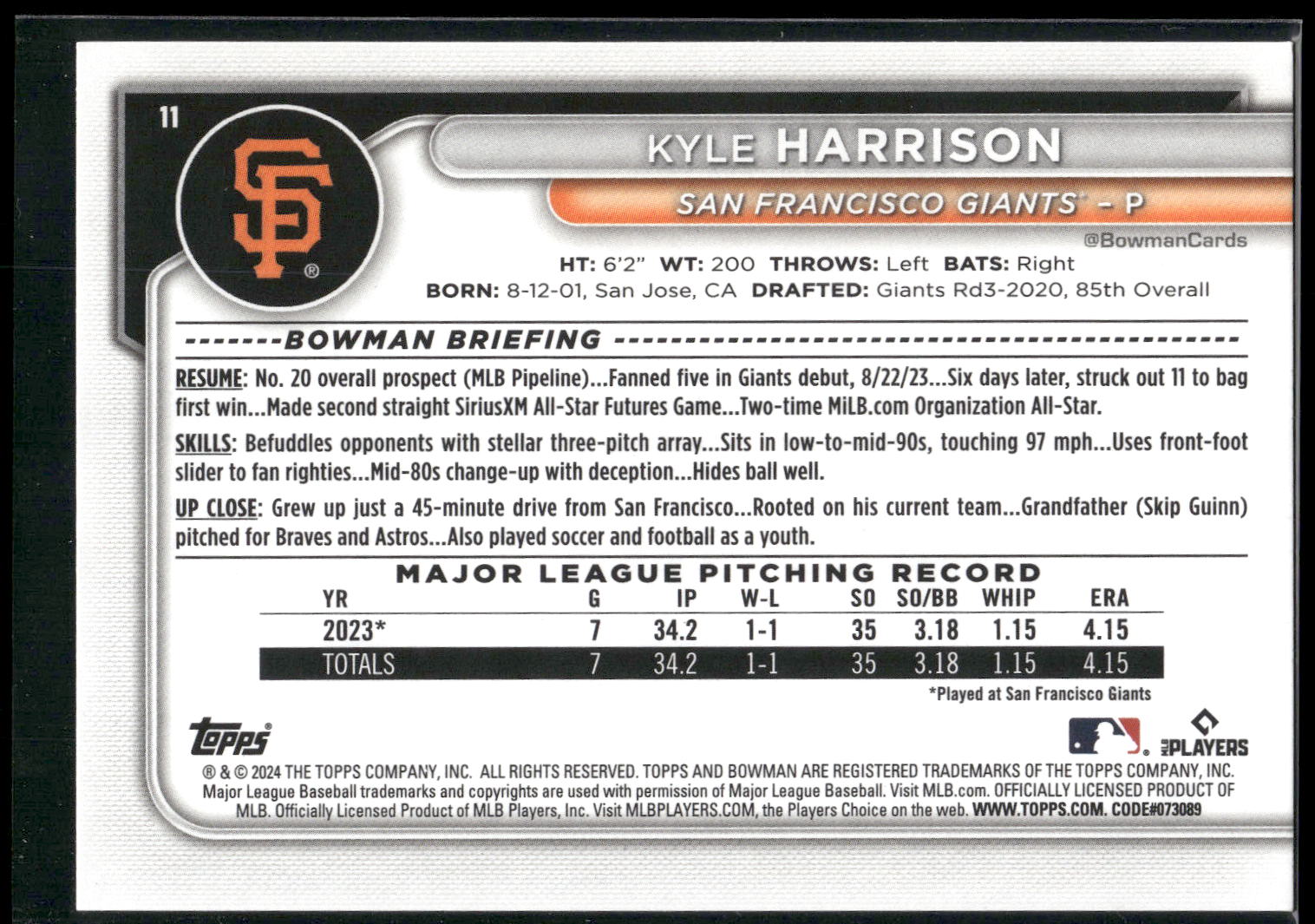 2024 Bowman #11 Kyle Harrison