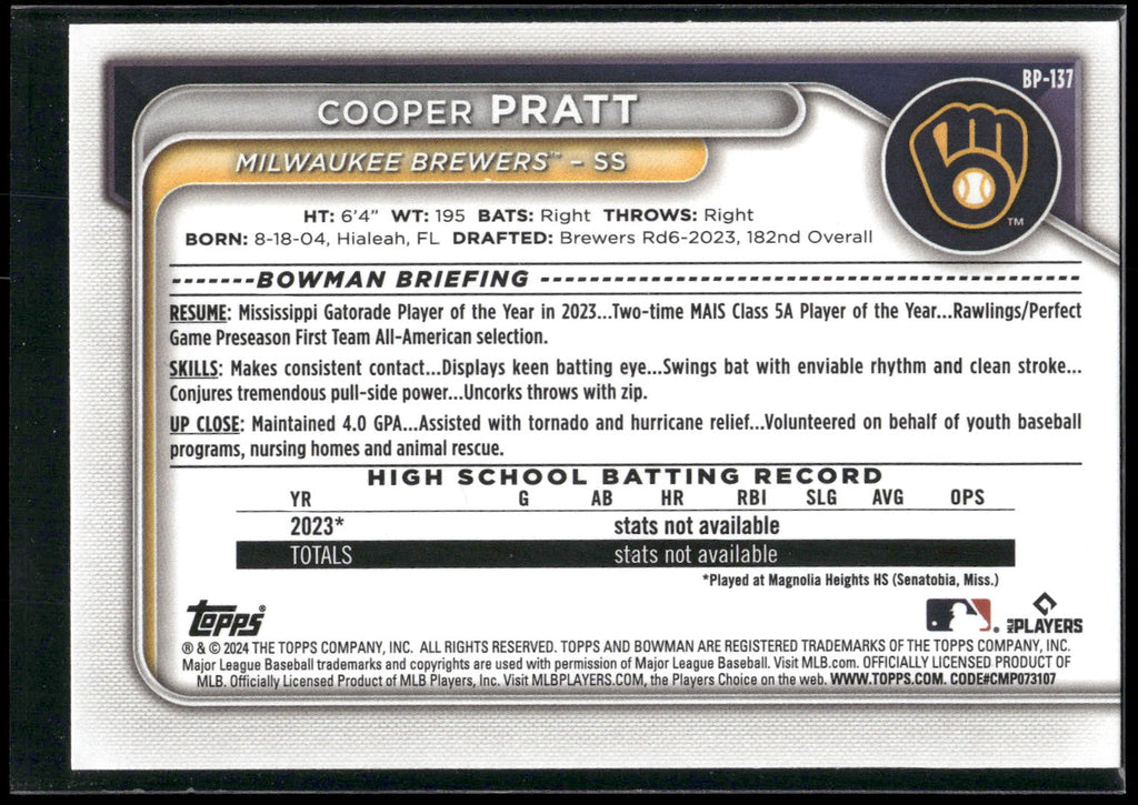 2024 Bowman #BP-137 Cooper Pratt Prospects