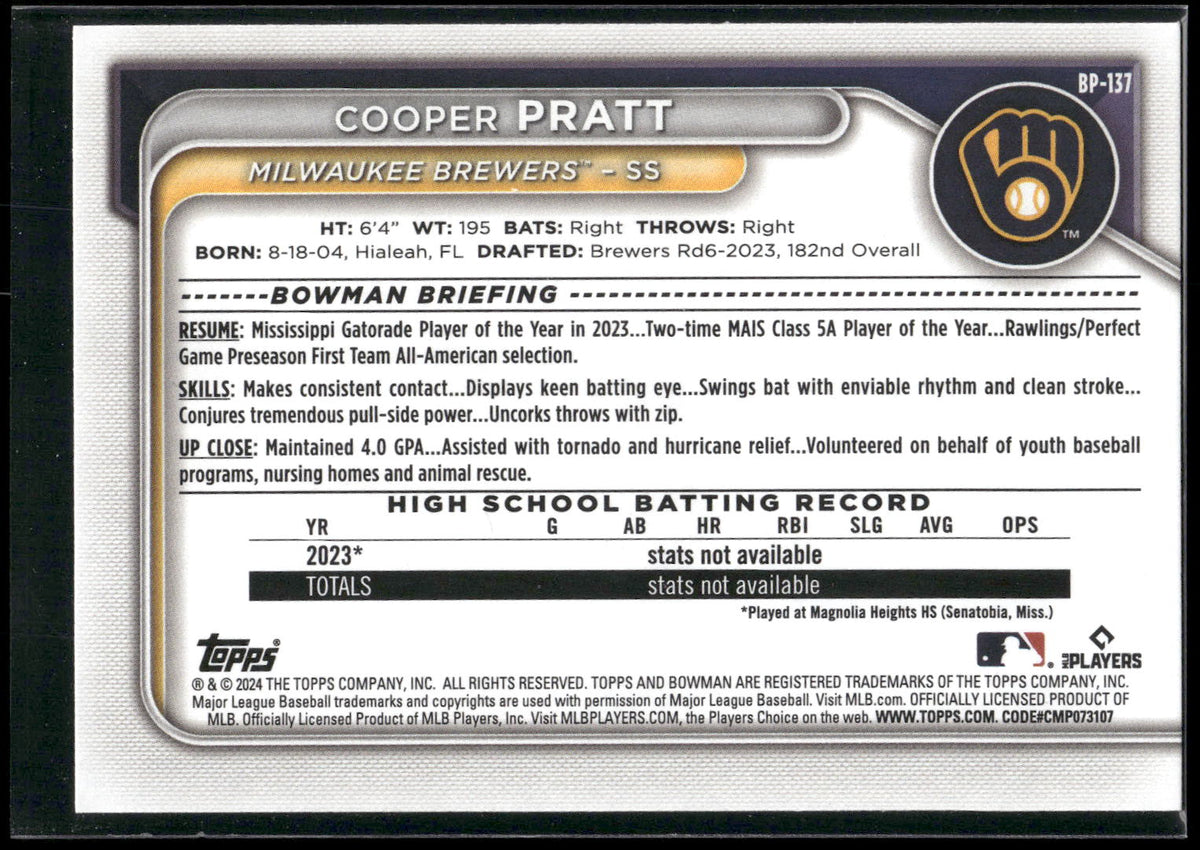 2024 Bowman #BP-137 Cooper Pratt Prospects
