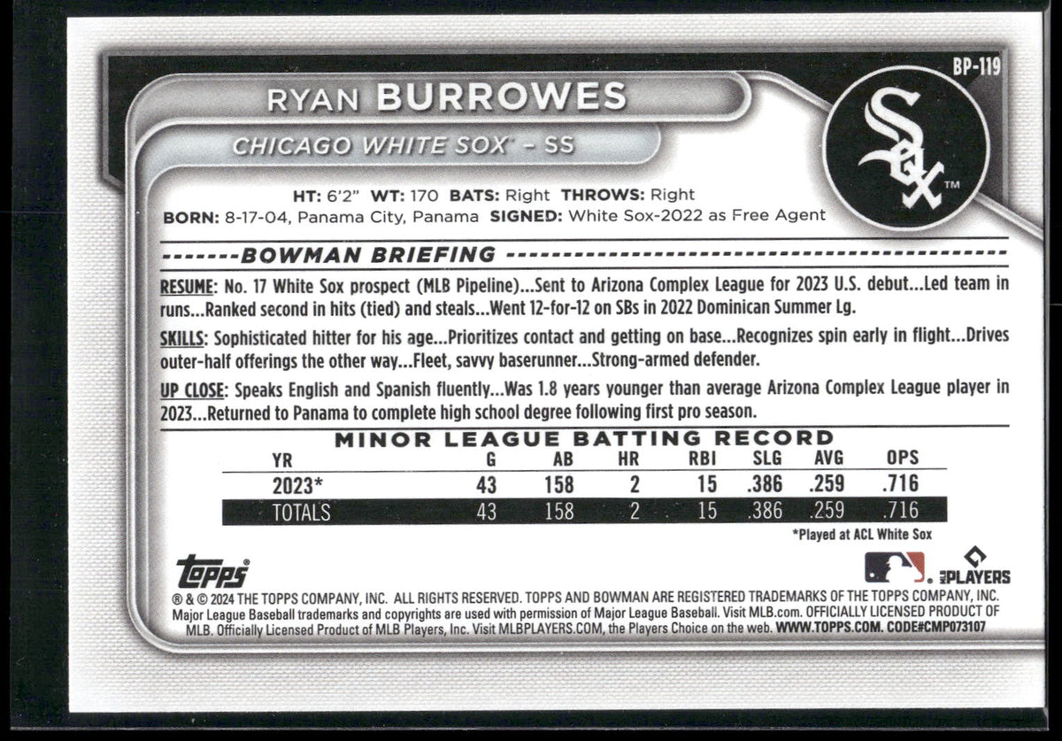 2024 Bowman #BP-119 Ryan Burrowes Prospects