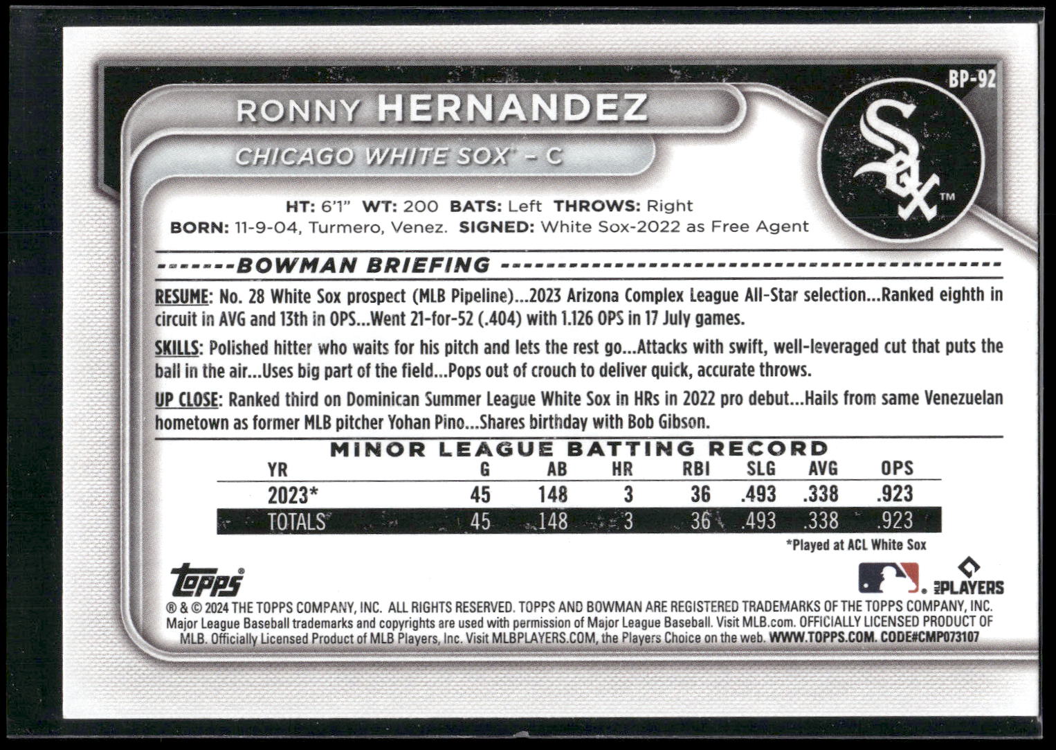 2024 Bowman #BP-92 Ronny Hernandez Prospects
