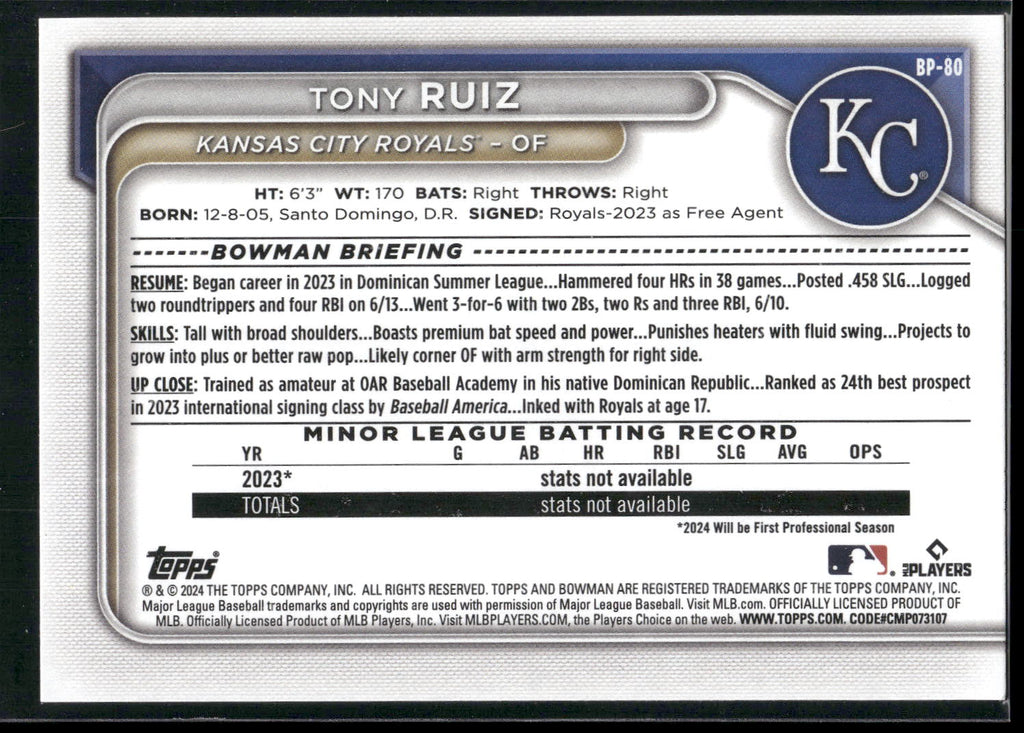 2024 Bowman #BP-80 Tony Ruiz Prospects