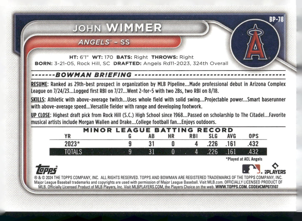2024 Bowman #BP-78 John Wimmer Prospects
