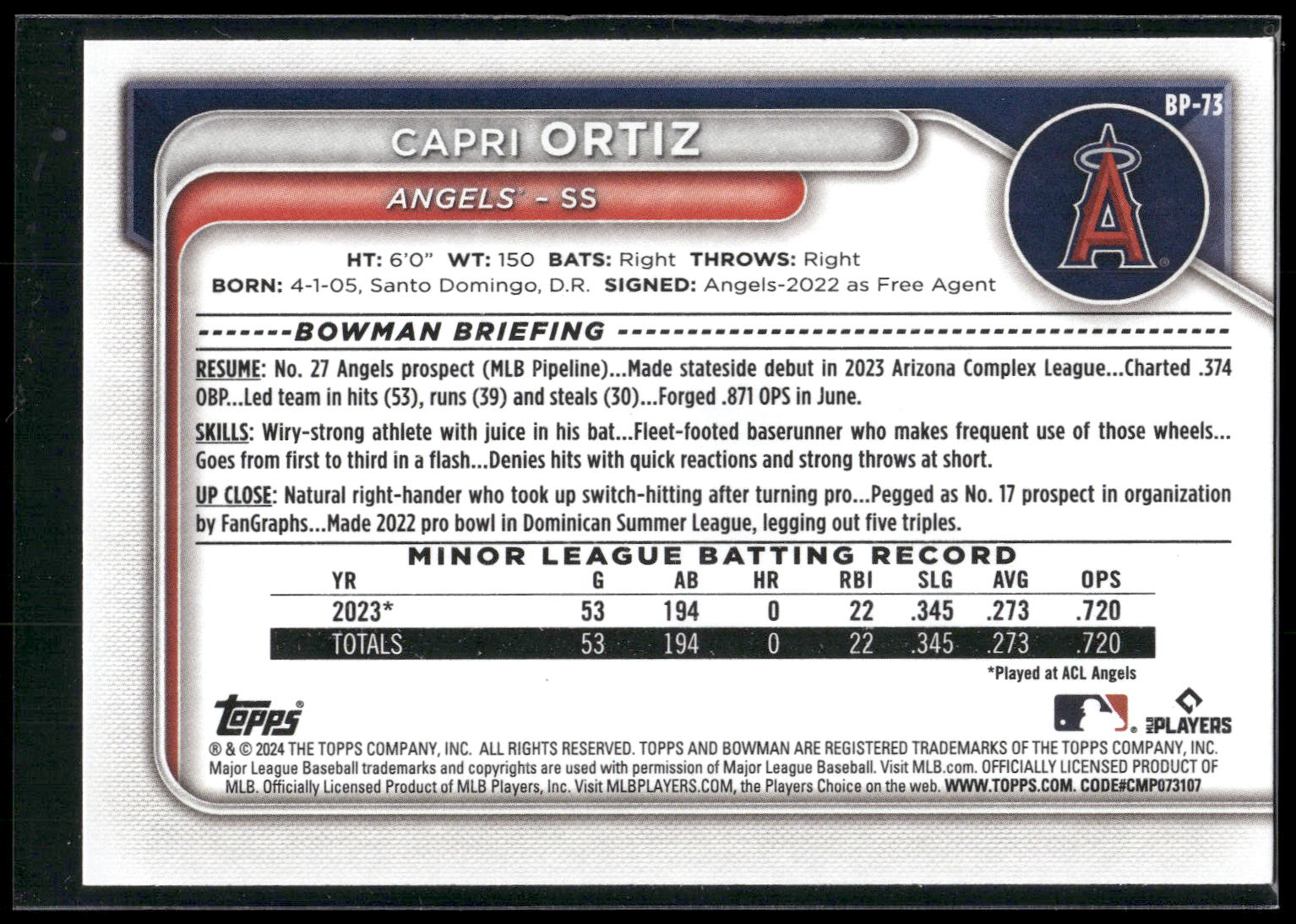 2024 Bowman #BP-73 Capri Ortiz Prospects