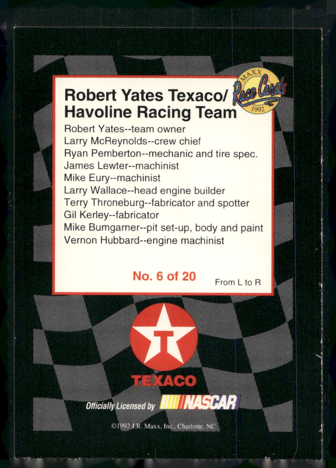 1992 Maxx Texaco Davey Allison #6 Yates Texaco/Havoline Racing Team