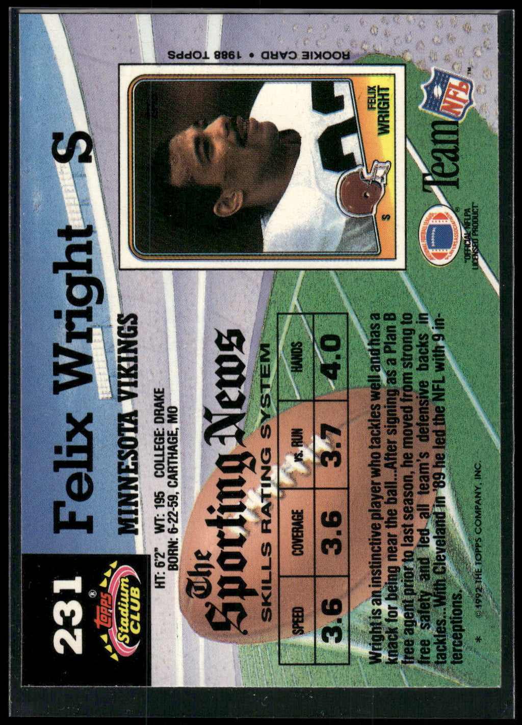 1992 Stadium Club #231 Felix Wright