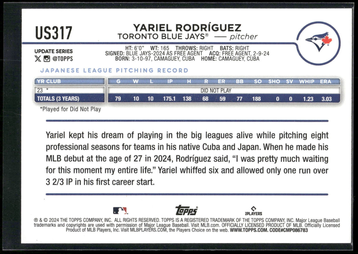 2024 Topps Update #US317 Yariel Rodríguez Holiday Ghosts