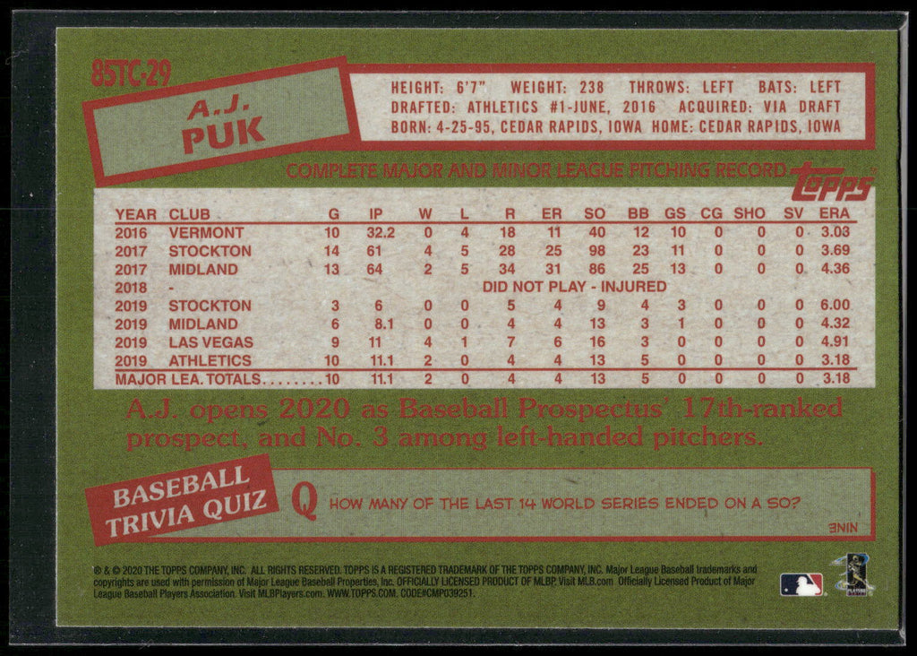 2020 Topps #85TC-29 A.J. Puk 1985 Topps Chrome Silver Pack Promotion (Series 2)