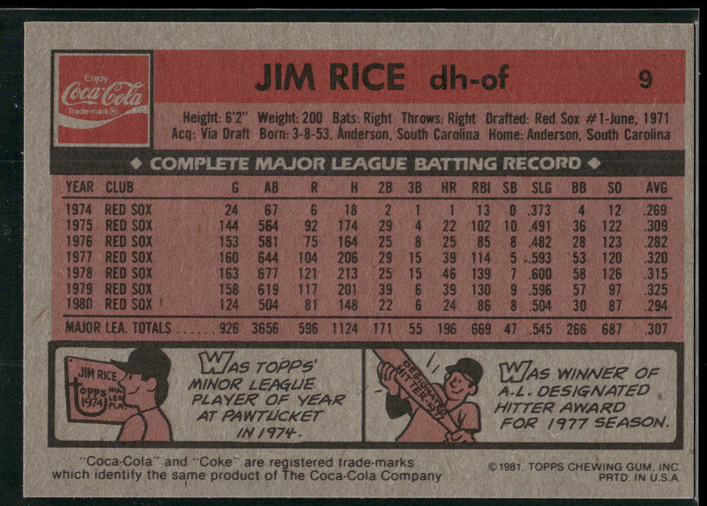 1981 Topps Coca-Cola Boston Red Sox Promo #2 Jim Rice