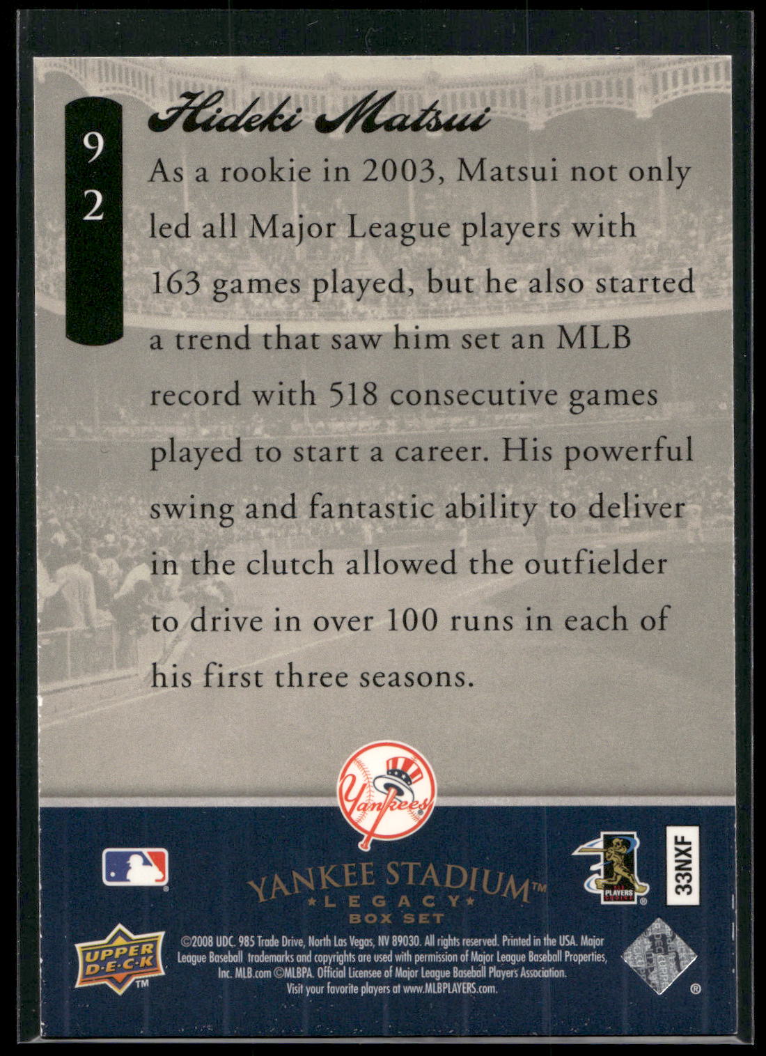2008 Upper Deck Yankee Stadium Box Set #92 Hideki Matsui