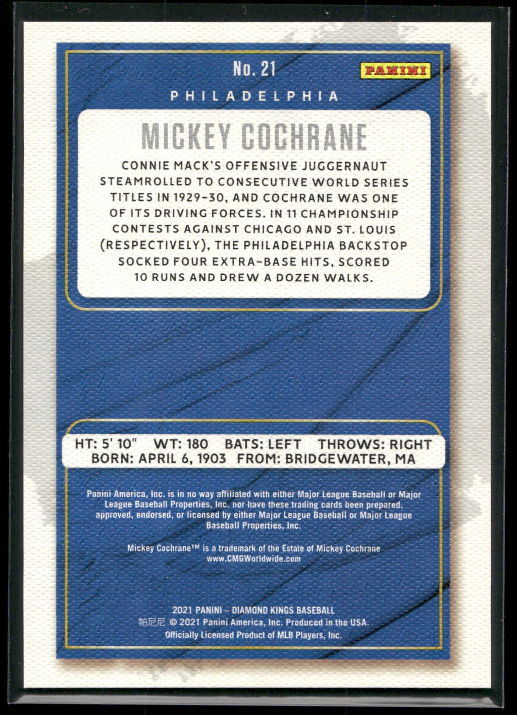 2021 Panini Diamond Kings #21 Mickey Cochrane Framed Red