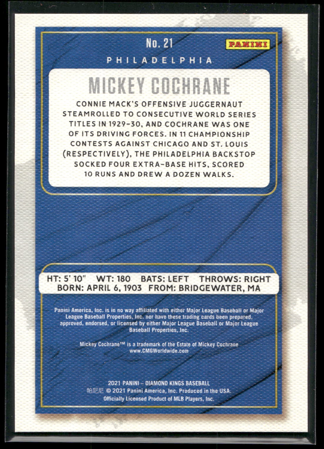 2021 Panini Diamond Kings #21 Mickey Cochrane Framed Red
