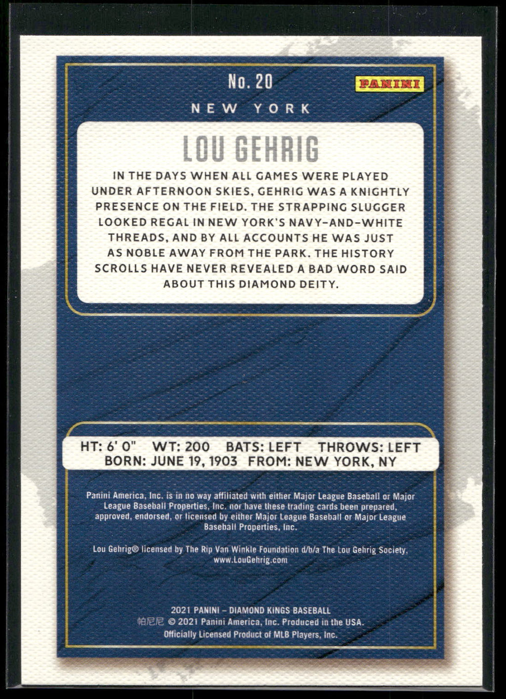 2021 Panini Diamond Kings #20 Lou Gehrig