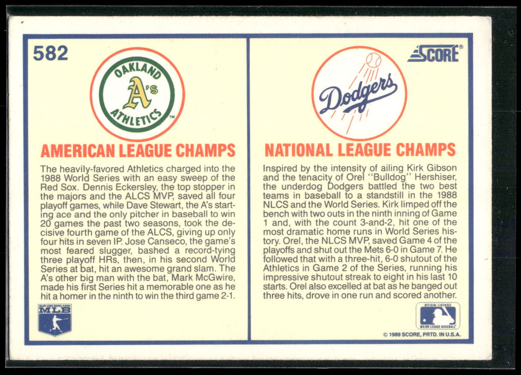 1989 Score #582 1988 World Series