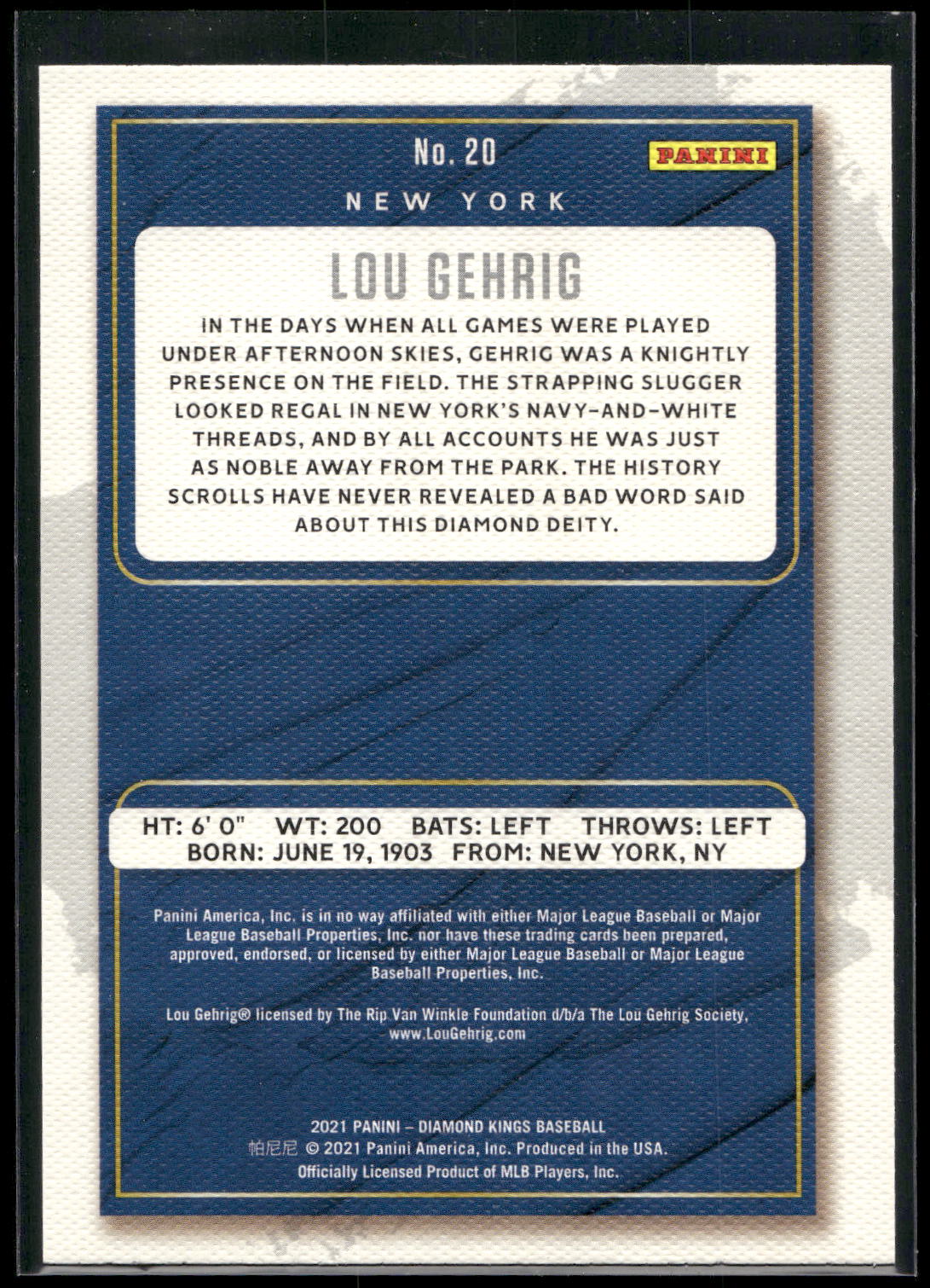 2021 Panini Diamond Kings #20 Lou Gehrig