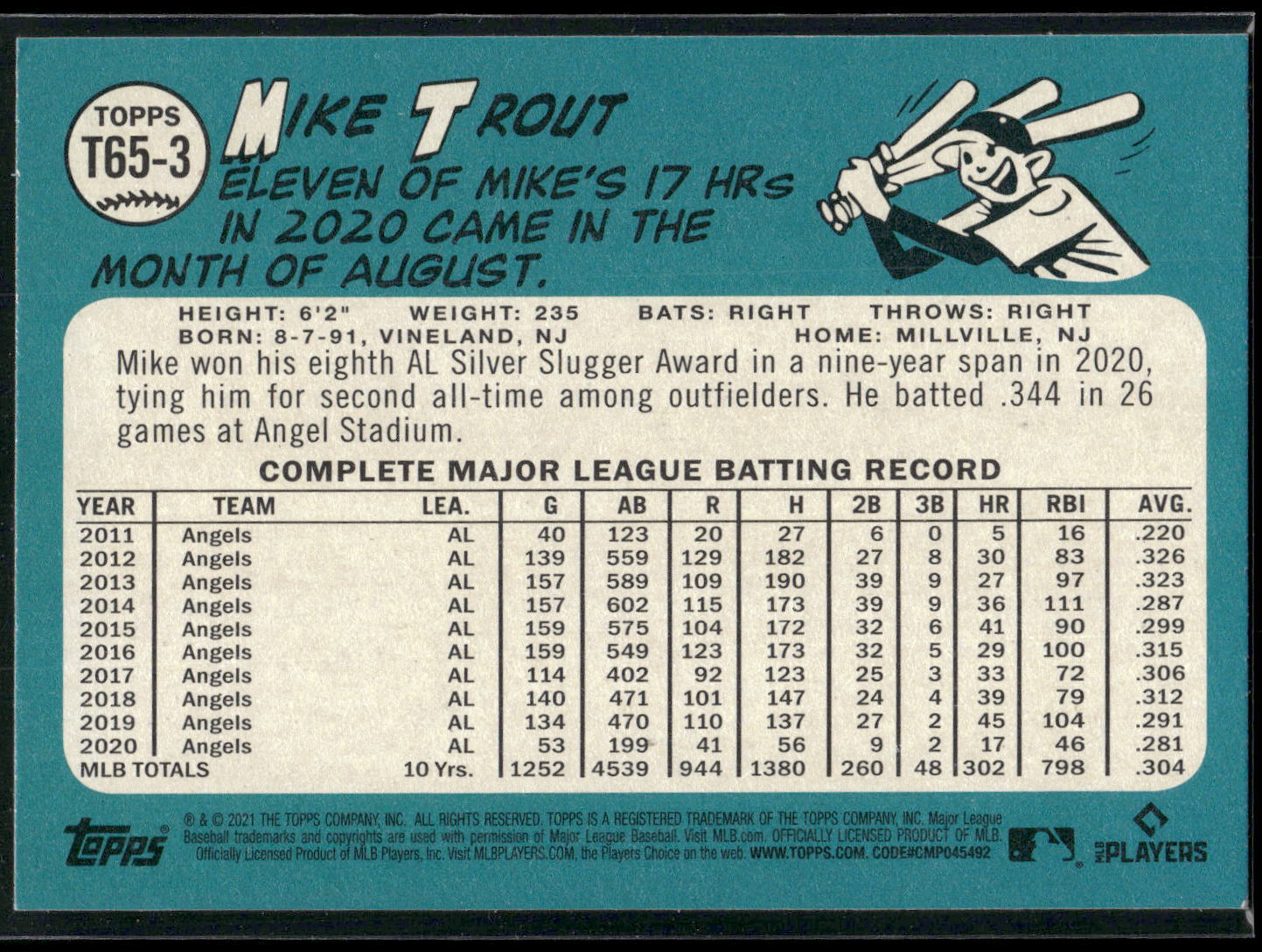 2021 Topps #T65-3 Mike Trout 1965 Topps Redux