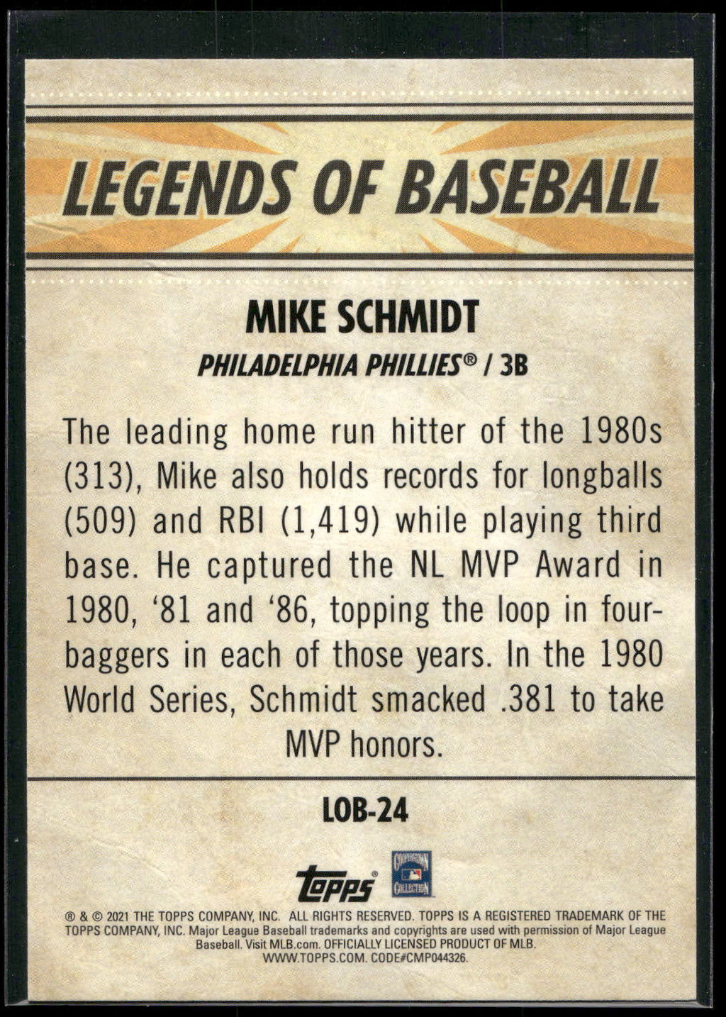 2021 Topps Opening Day #LOB-24 Mike Schmidt Legends of Baseball