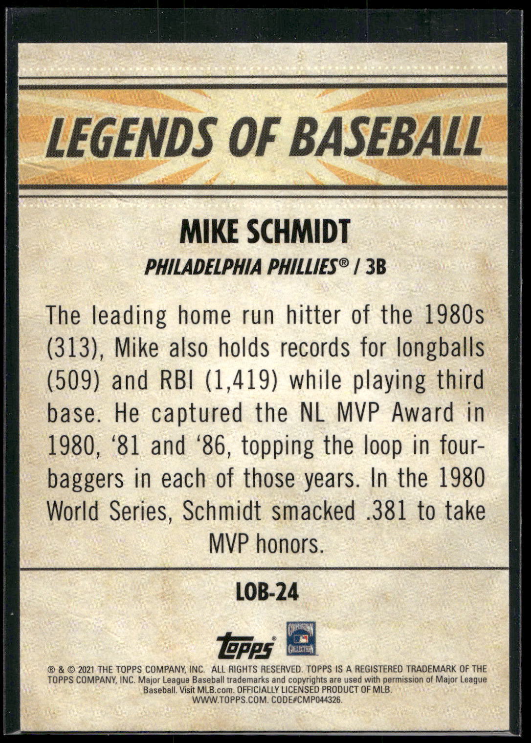 2021 Topps Opening Day #LOB-24 Mike Schmidt Legends of Baseball