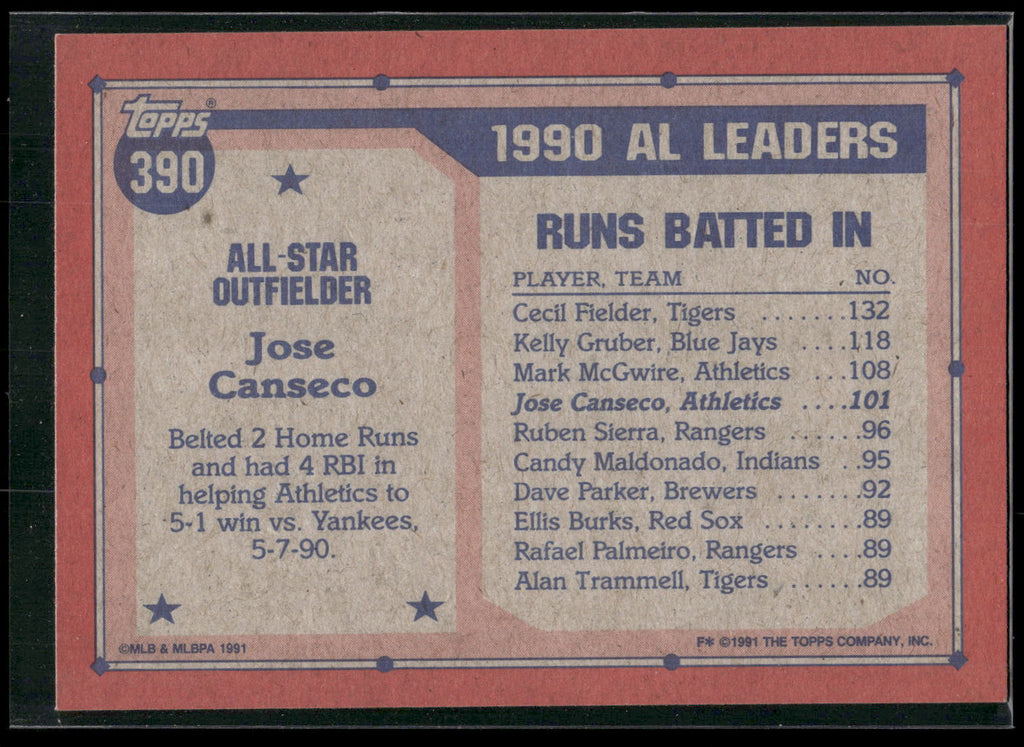 1991 Topps #390 Jose Canseco