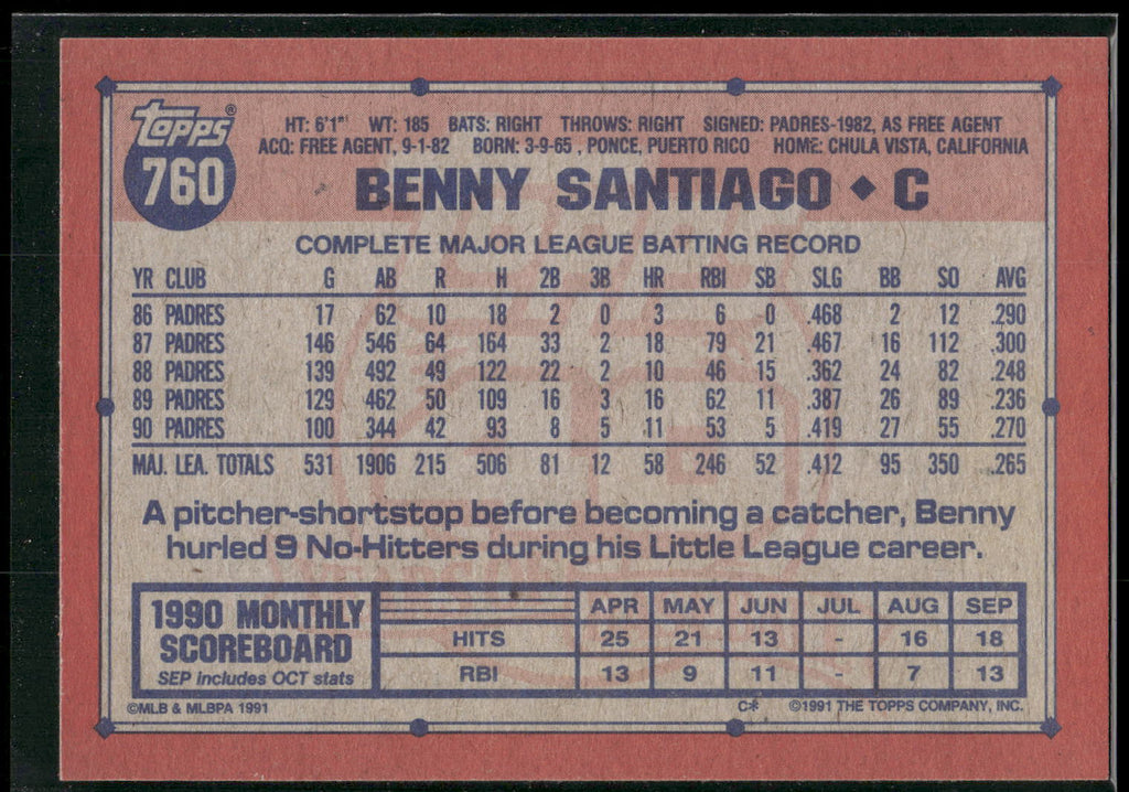 1991 Topps #760 Benny Santiago