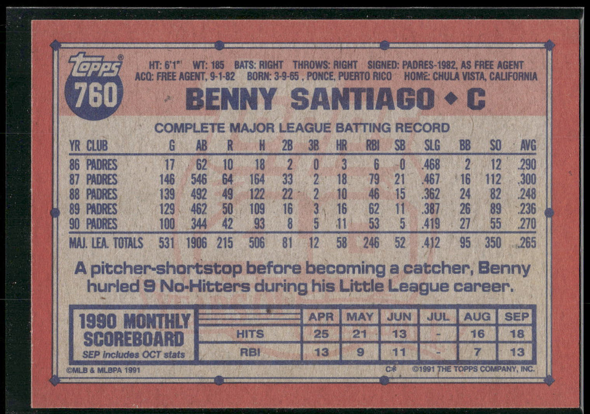 1991 Topps #760 Benny Santiago