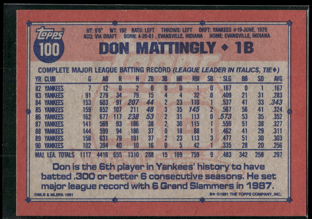 1991 Topps #100a Don Mattingly