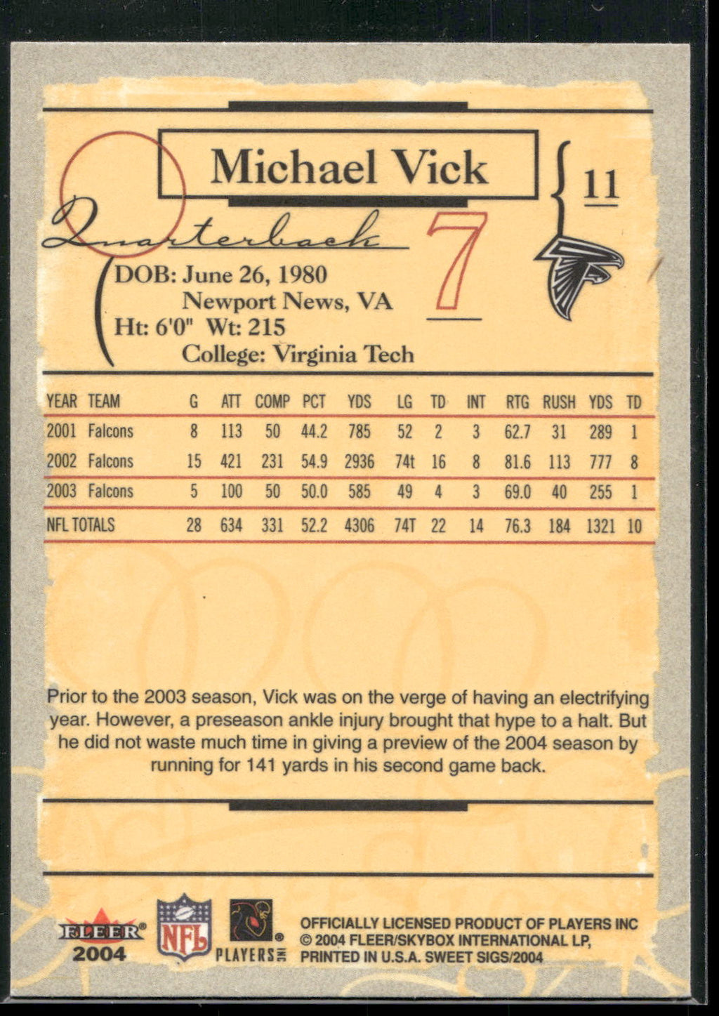 2004 Fleer Sweet Sigs #11 Michael Vick