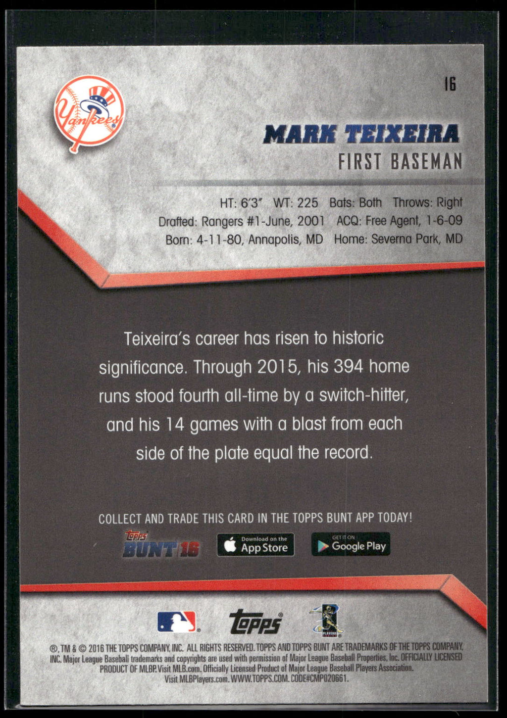 2016 Topps Bunt #16 Mark Teixeira