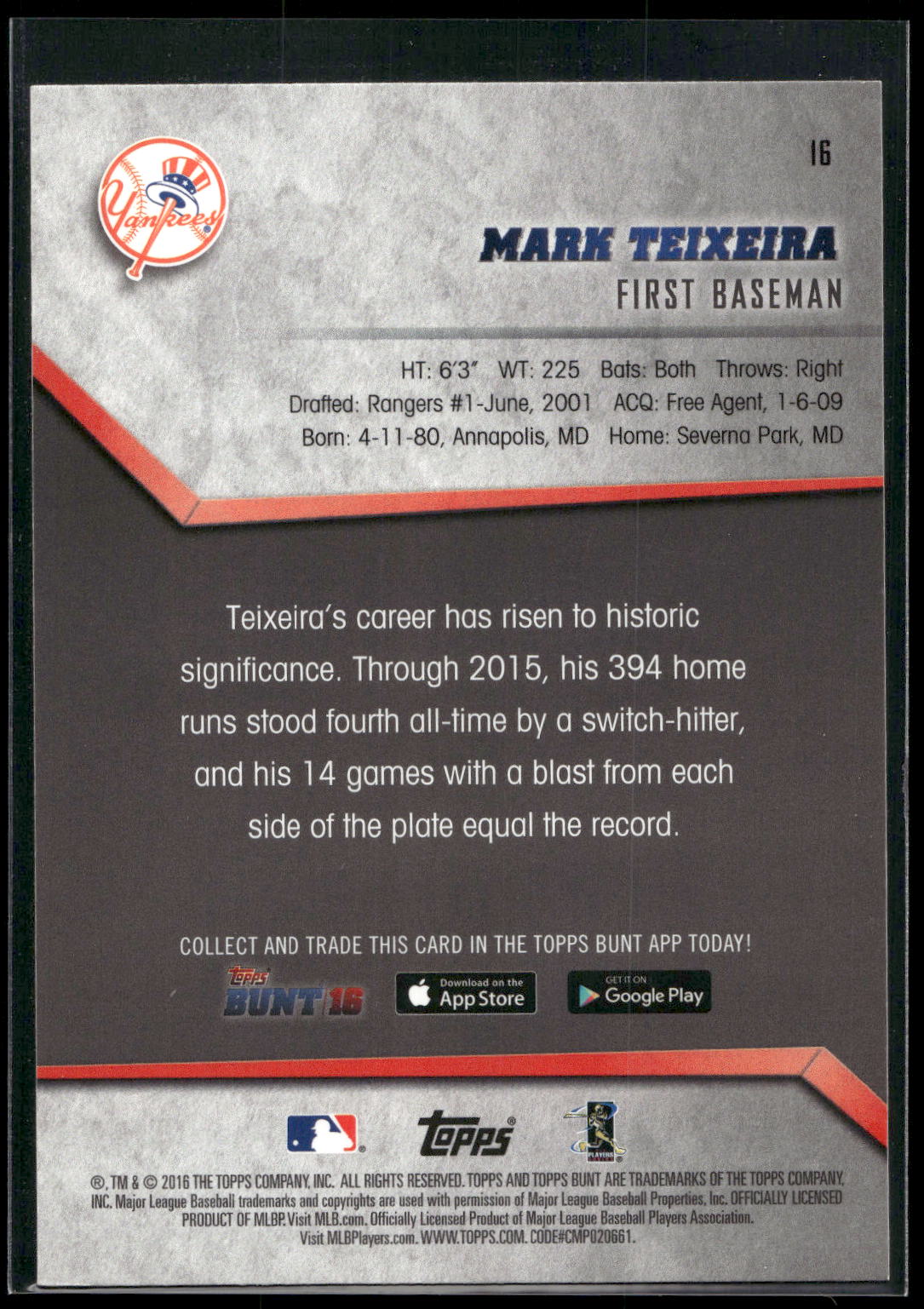 2016 Topps Bunt #16 Mark Teixeira
